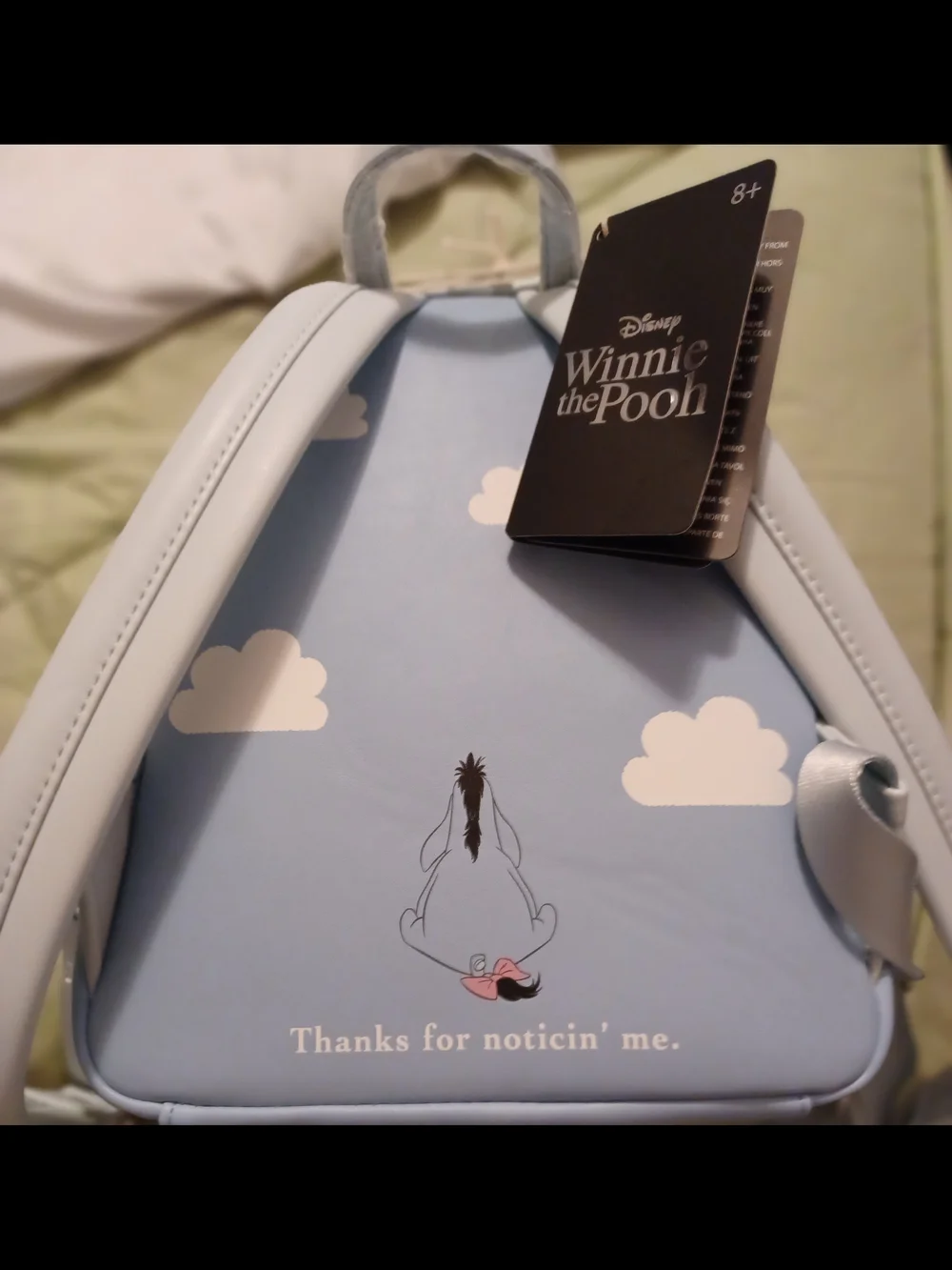 Loungefly Eeyore Character Mini Backpack in Light Blue with Pink Bow Charm - Picture 2 of 6